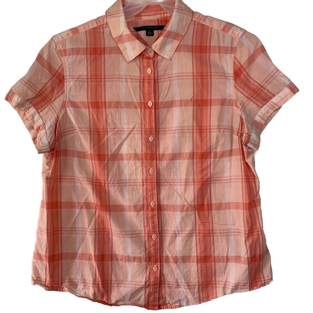Tommy Hilfiger Shirt Women XL Plaid Salmon Vibrant Lightweight Collared Summer